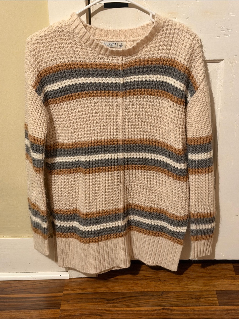 Arizona Jean Company Cream Striped Waffle-Knit Crewneck Sweater
